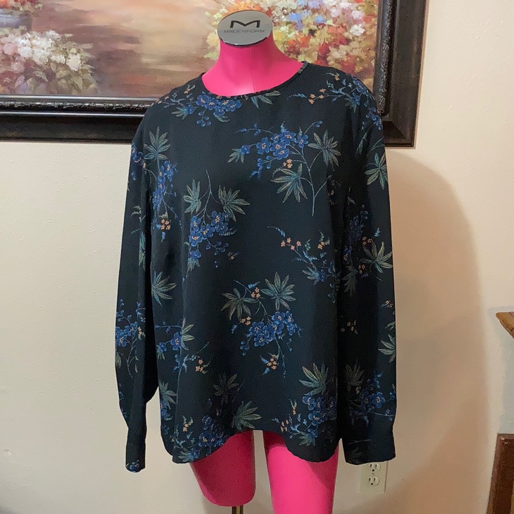 Pendleton Black Lined Blouse Long Sleeve Shirt Flowers Floral Women Plus Sz 24W
